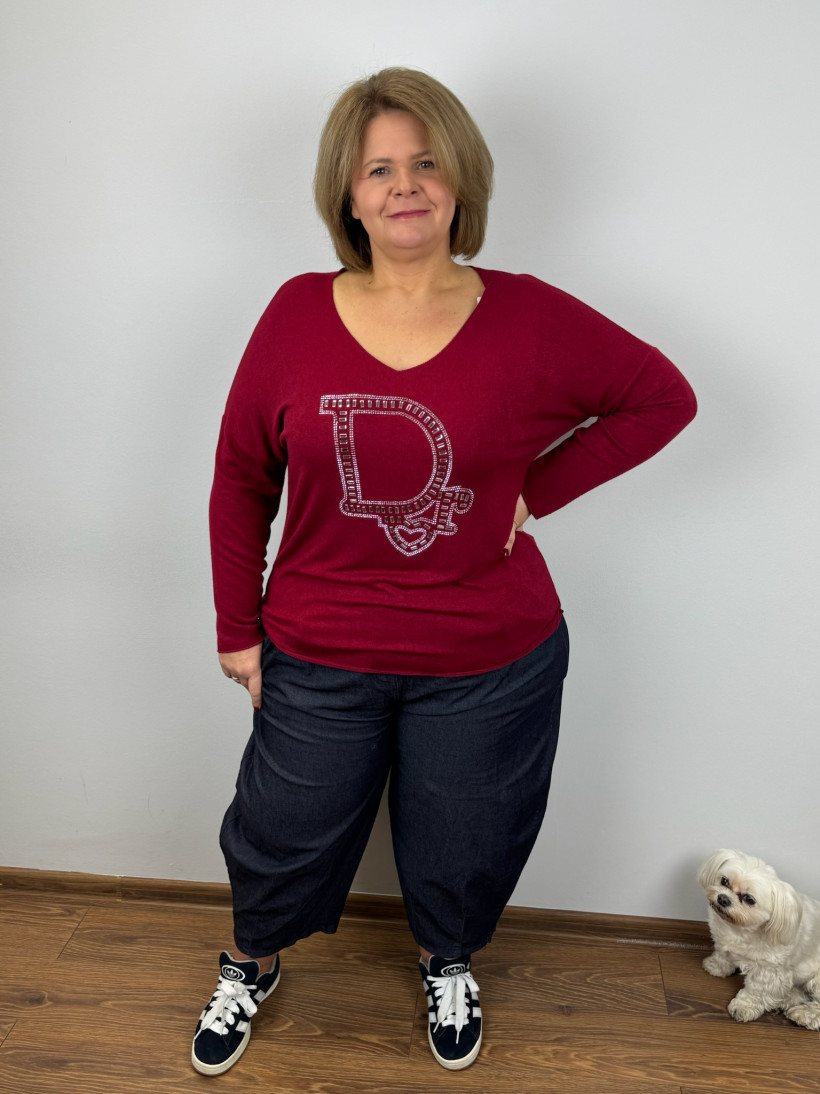 Italia nr 6 - Sweterek w serek, cyrkoniowy napis dor - R5237 - bordo