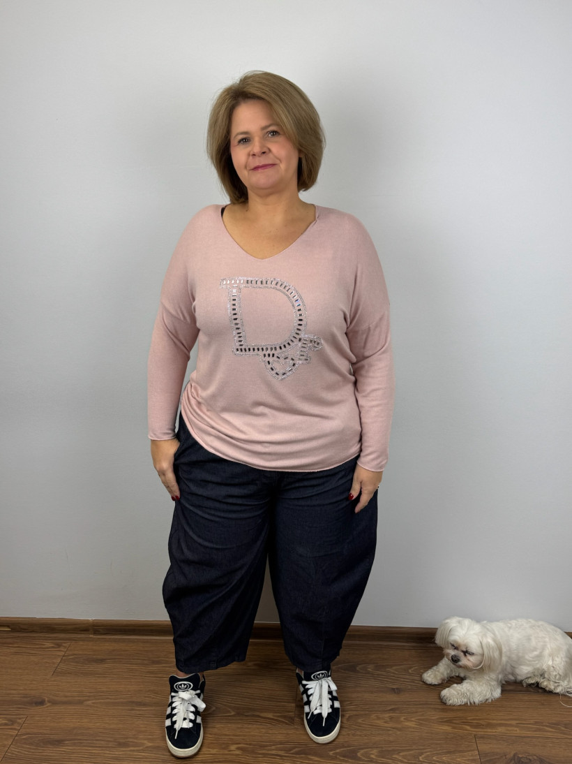 Italia nr 6 - Sweterek w serek, cyrkoniowy napis dor - R5237 - puder