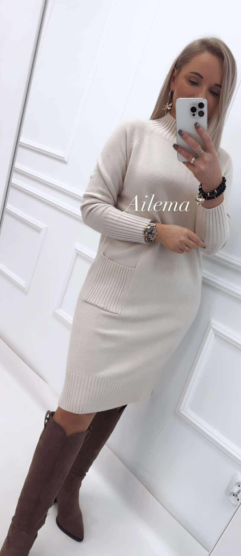 Sukienka dzianinowa z półgolfem F927 z kieszonką