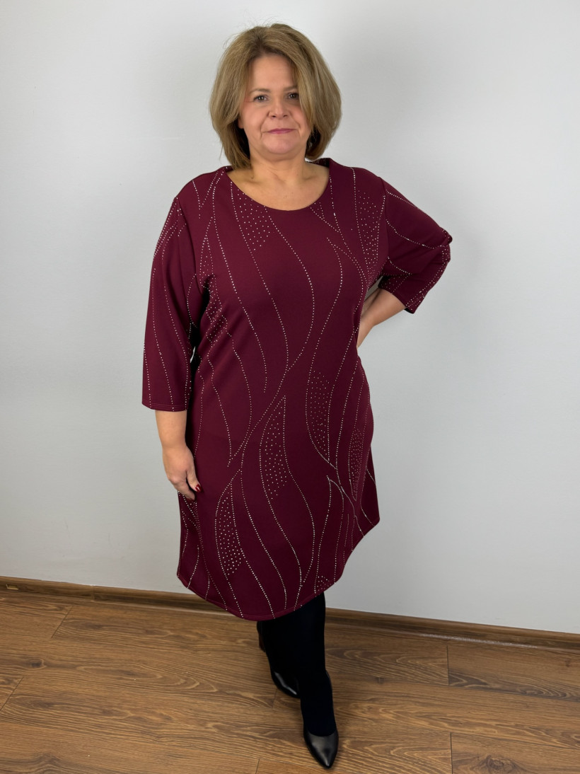 Italia nr 6 - Sukienka jednokolorowa z cyrkoniowym wzorem - 3945 - bordo