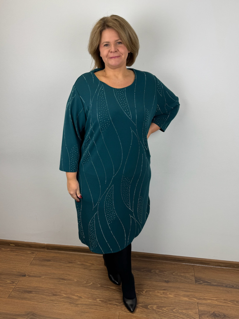Italia nr 6 - Sukienka jednokolorowa z cyrkoniowym wzorem - 3945 - morska zieleń