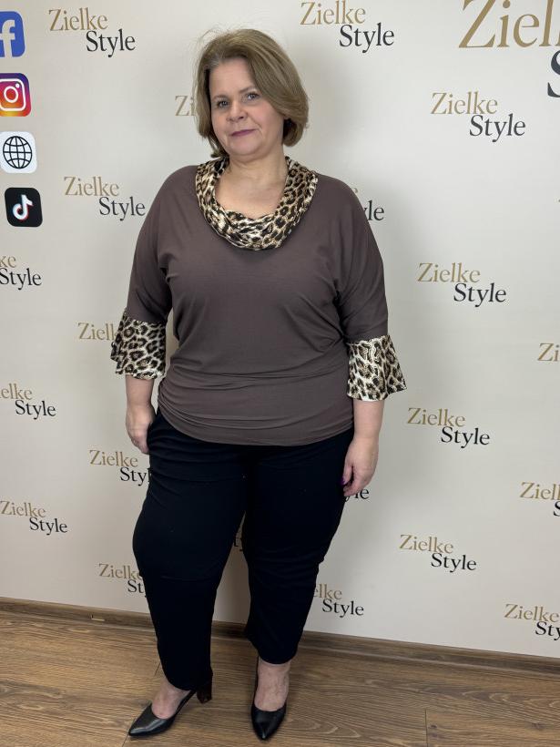 Italia nr 6 - Tunika jednokolorowa z panterkowym wykończeniem - och - 26562 - czekolada