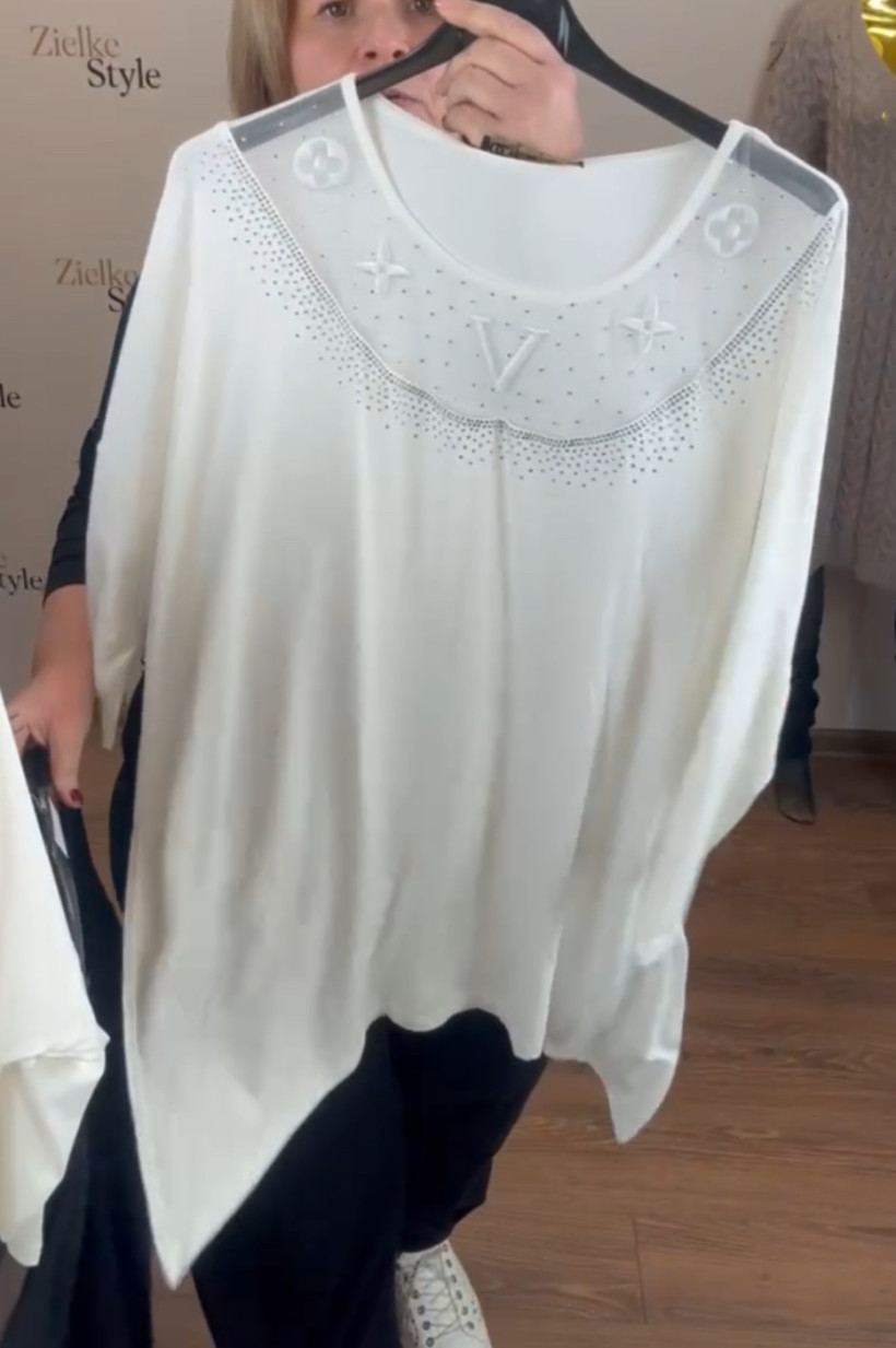 Italia nr 6 - Tunika jednokolorowa z rogami, dekold wykończony tiulem - och - 26524 - biała