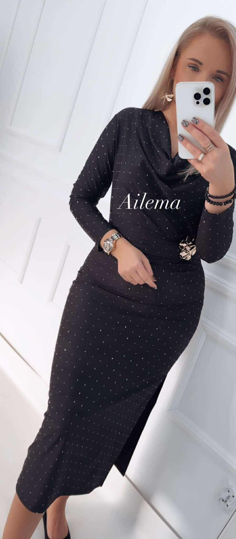 Sukienka długa dekolt woda kk1358 ozdobna broszka w talii