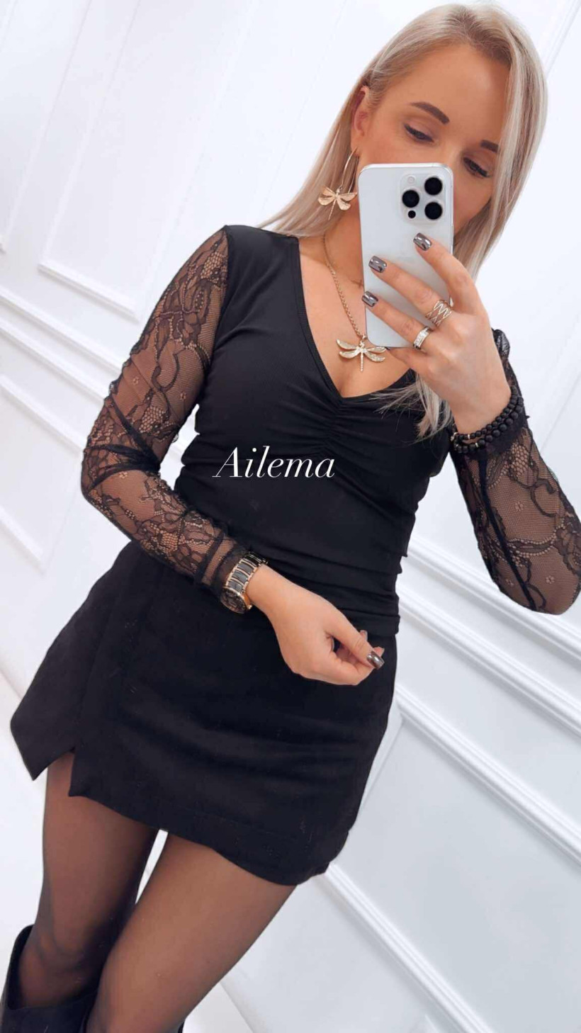 Bluzka prążek kk1368 z koronkowymi rękawami 