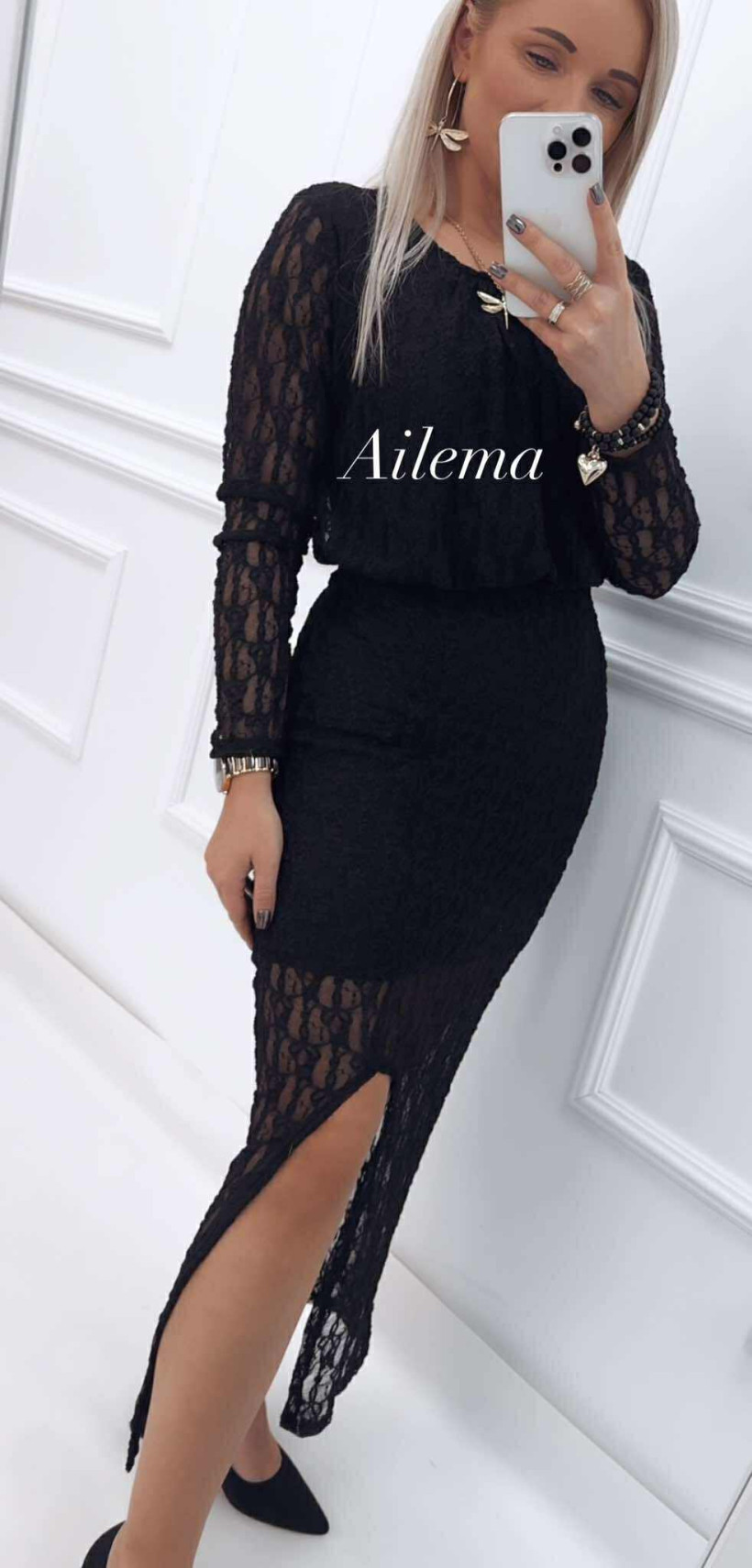 Długa sukienka koronkowa z długim rękawem kk1369 okrągły dekolt, guma w pasie