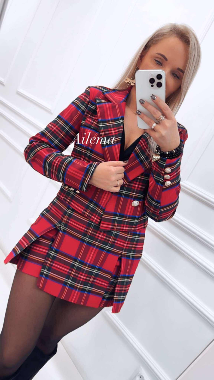 Komplet krótka marynarka i spódnico- spodenki kk1377 w czerwoną kratkę 