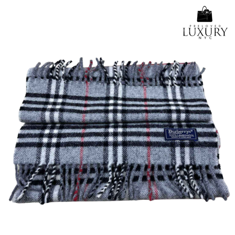 BURBERRY Checkered Wool Scarf in Gray and Red