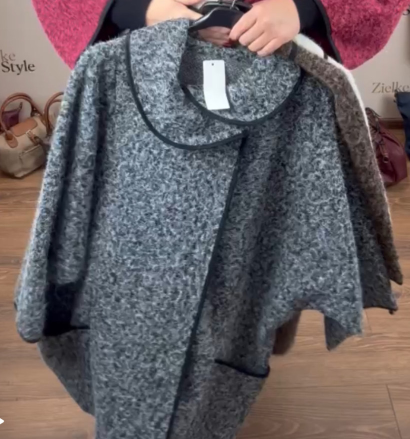 Italia nr 6 - Narzutka/Płaszczyk jednokolorowa z lamówką, zapinana pod szyją z kołnierzykiem - 812 - popiel