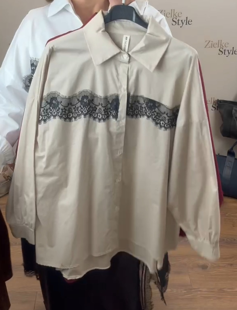 Italia nr 6 - Koszula jednokolorowa wstawka z koronki - 26791 - beż
