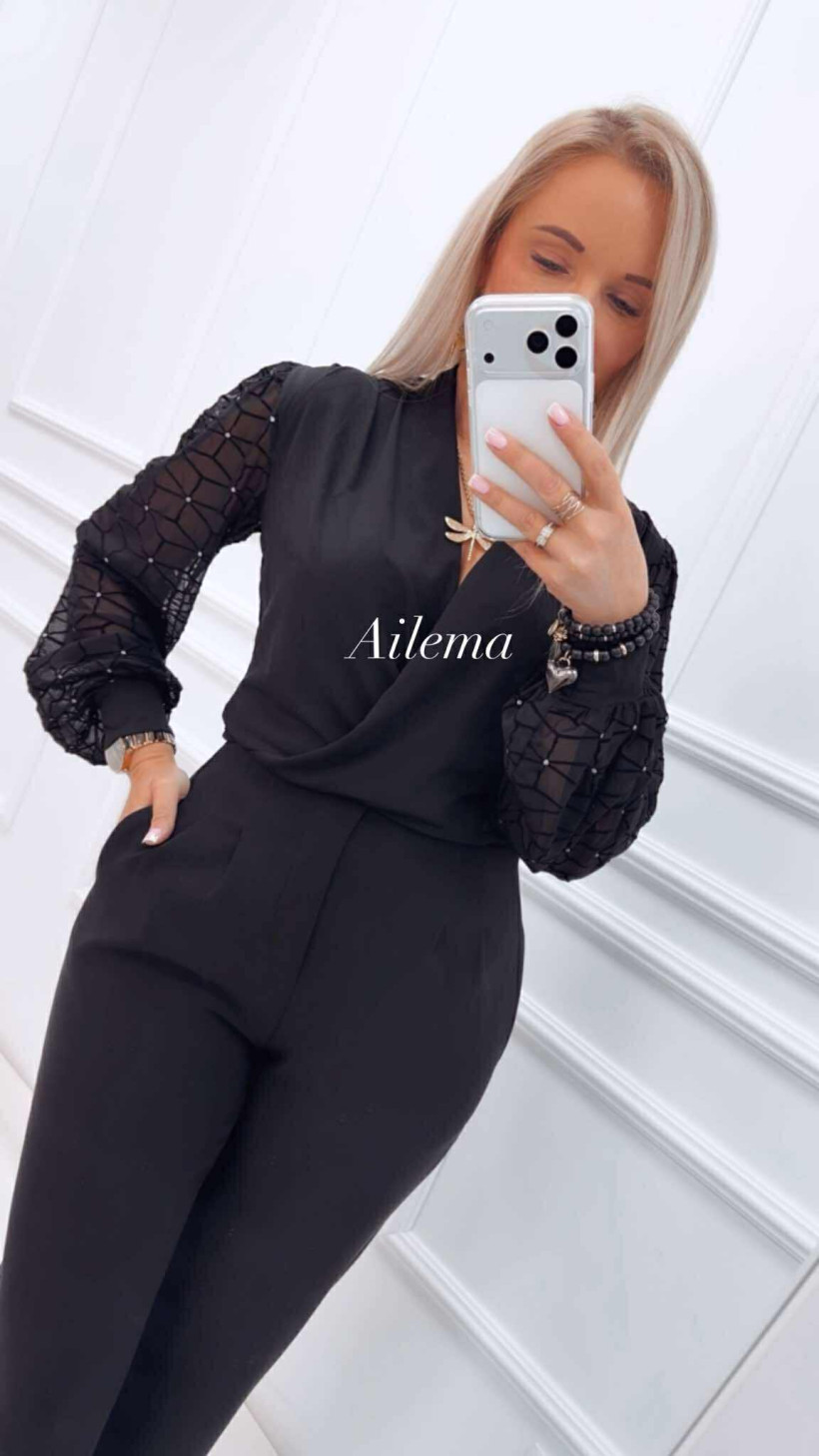 Body kopertowy dekolt F81738 błyszczące rękawy siatka 