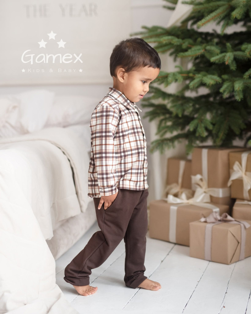 KOMPLET KOSZULA BEŻOWA KRATA + SPODNIE GAMEX
