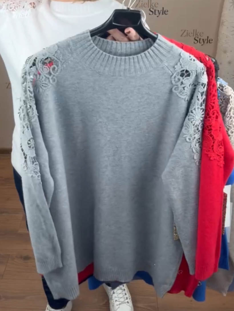 Sweterek jednokolorowy, gipiura na ramionach - les - (l/xl, 2xl/3xl)  - 7342 - popiel