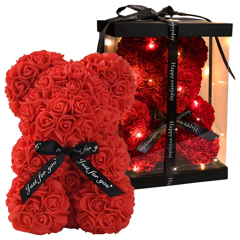 Miś z róż 25 cm LED w pudełku – prezent na święta, Walentynki, Dzień Kobiet