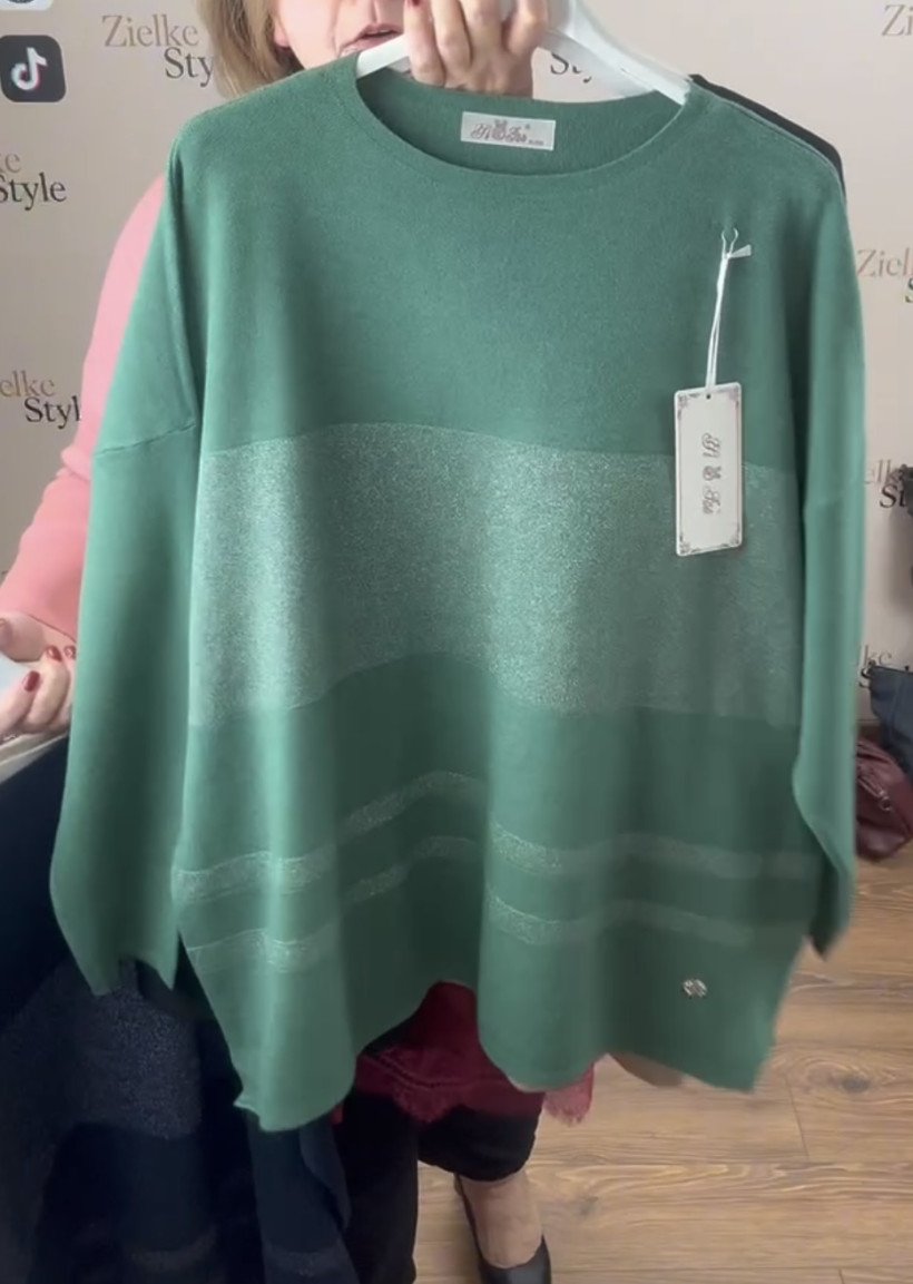 Sweter jednokolorowy, srebrzyste pasy - fan - (m/l, xl/2xl) - 6556 - butelkowa zieleń