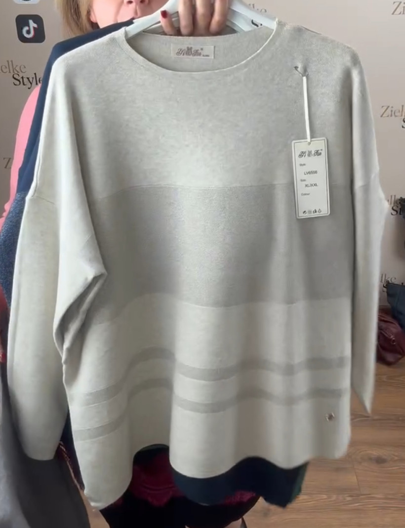 Sweter jednokolorowy, srebrzyste pasy - fan - (m/l, xl/2xl) - 6556 - beż