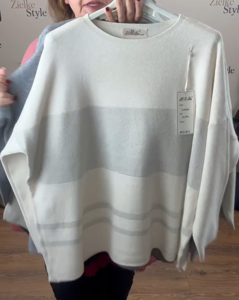 Sweter jednokolorowy, srebrzyste pasy - fan - (m/l, xl/2xl) - 6556 - śmietankowy