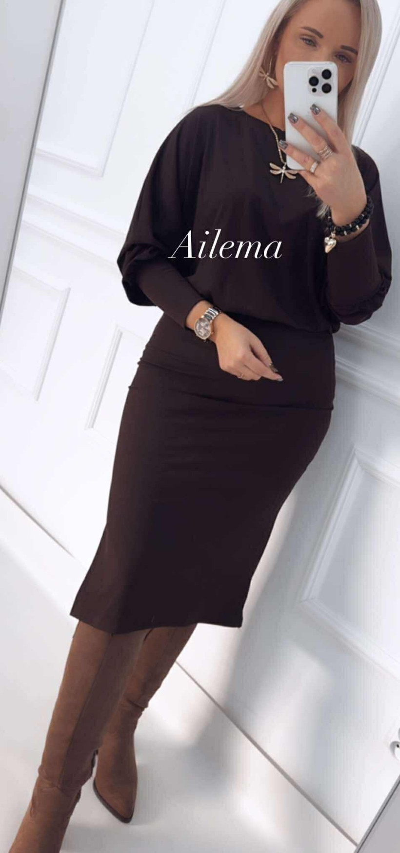 Sukienka prążek z gumą w pasie kk1437 długi rękaw, okrągły dekolt