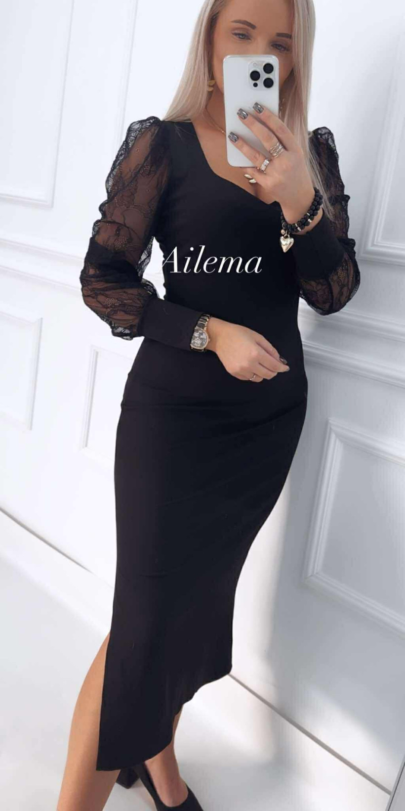 Sukienka długa prążek kk1447 ozdobne koronkowe rękawy