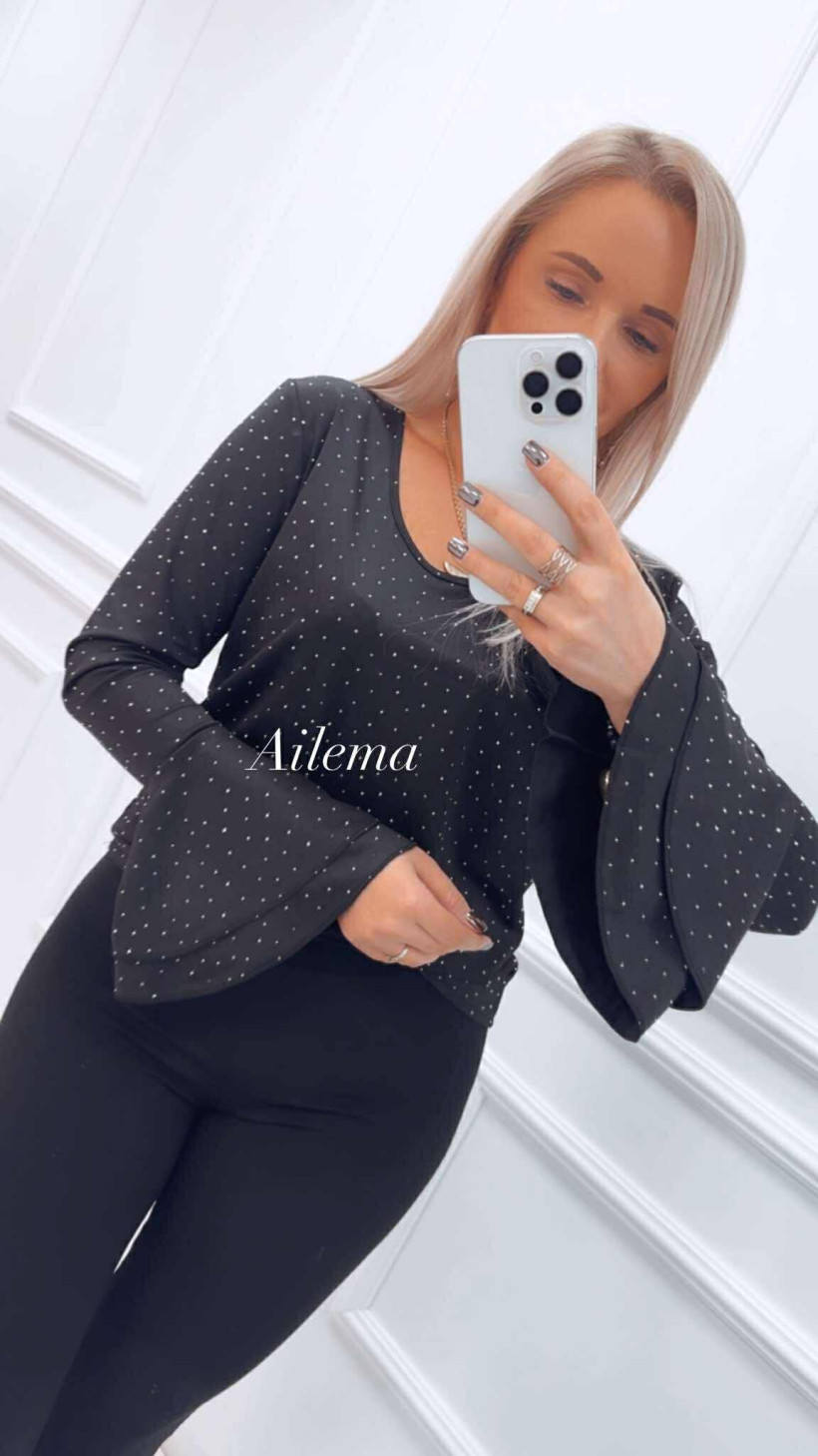 Bluzka w cyrkonie rozszerzane rękawy kk1449 kwiat na dekolcie