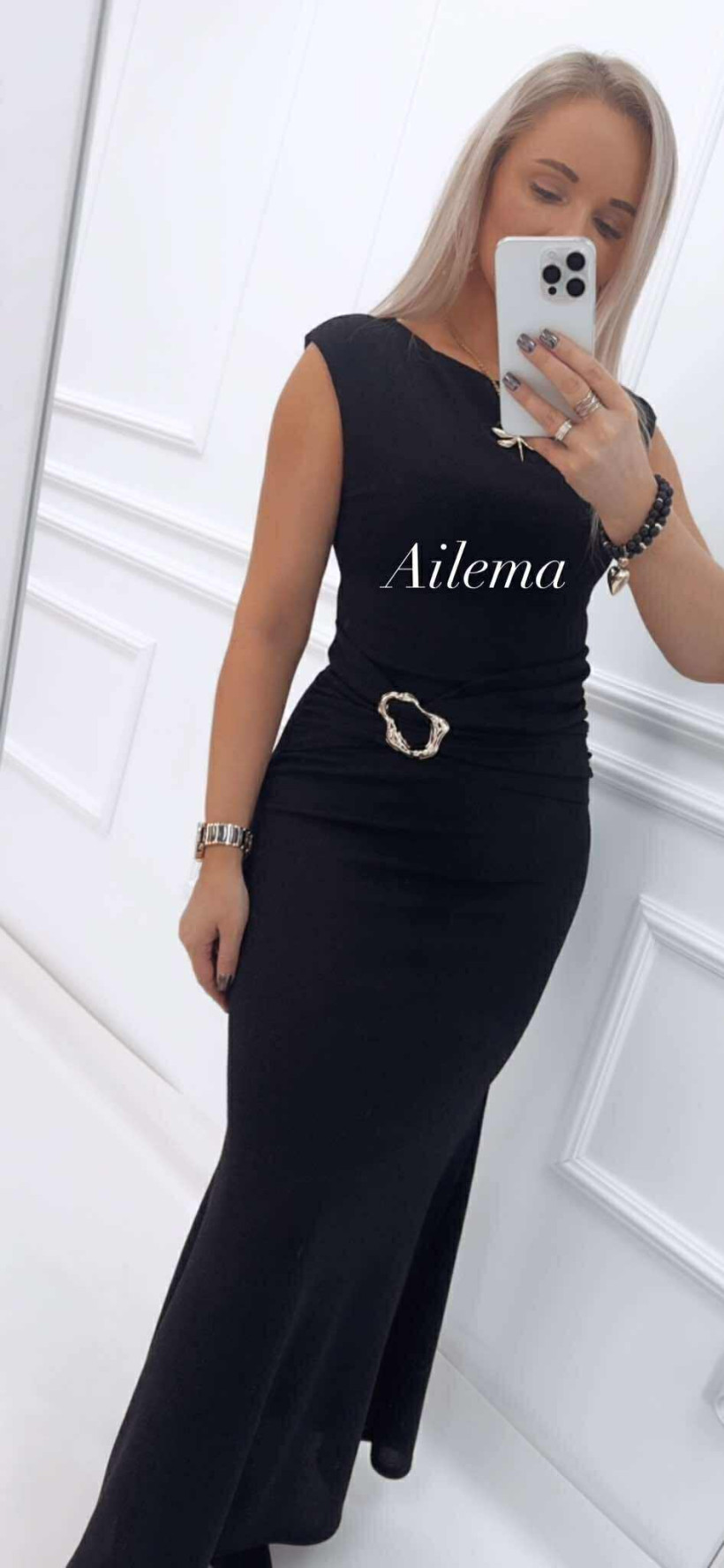 Sukienka długa błyszcząca z marszczeniem w talii kk1457 i złota klamerką