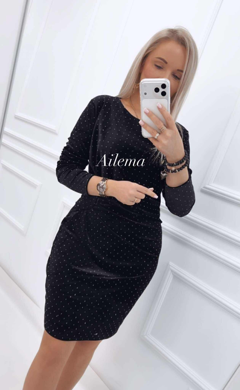 Sukienka welurowa zdobiona cyrkoniami kk1458 okrągły dekolt z marszczeniem