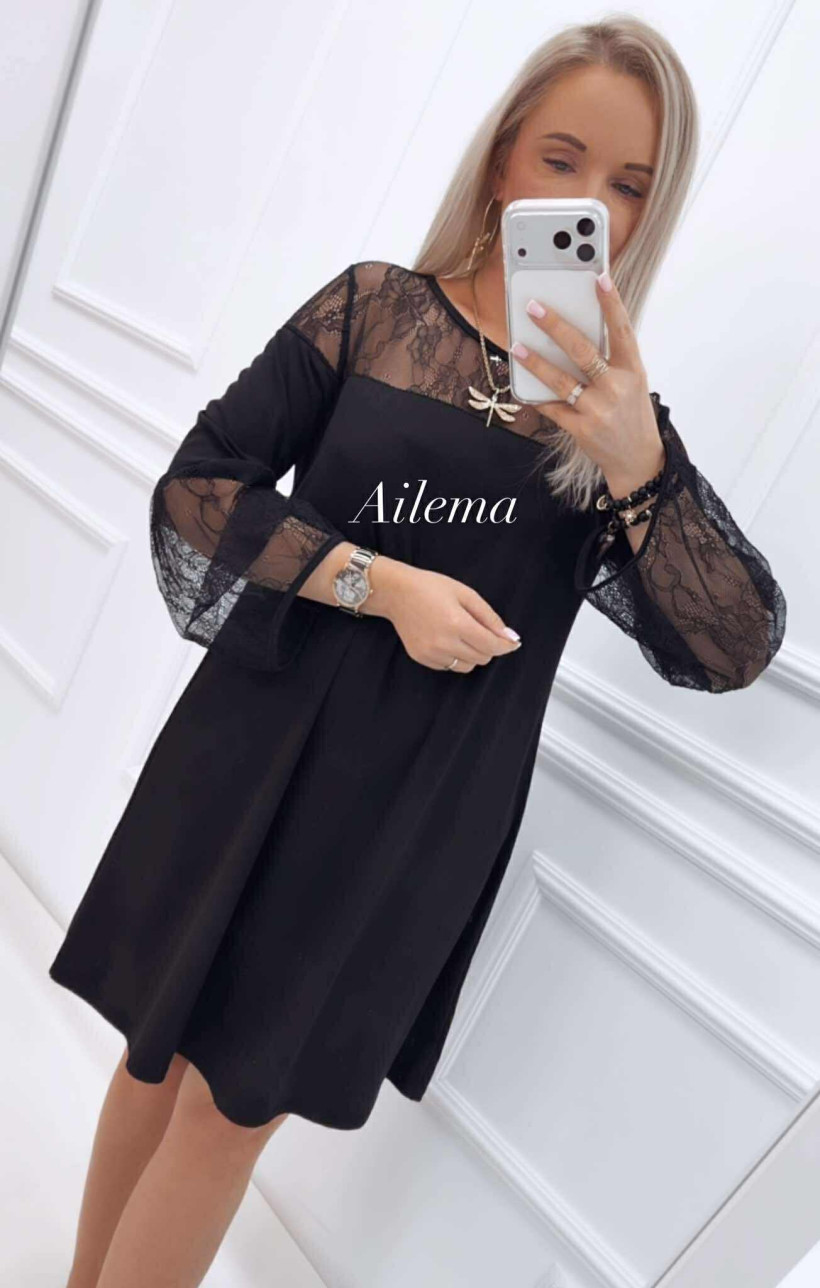 Sukienka prążek w literkę A  kk1461  siateczkowy dekolt i rękawki 