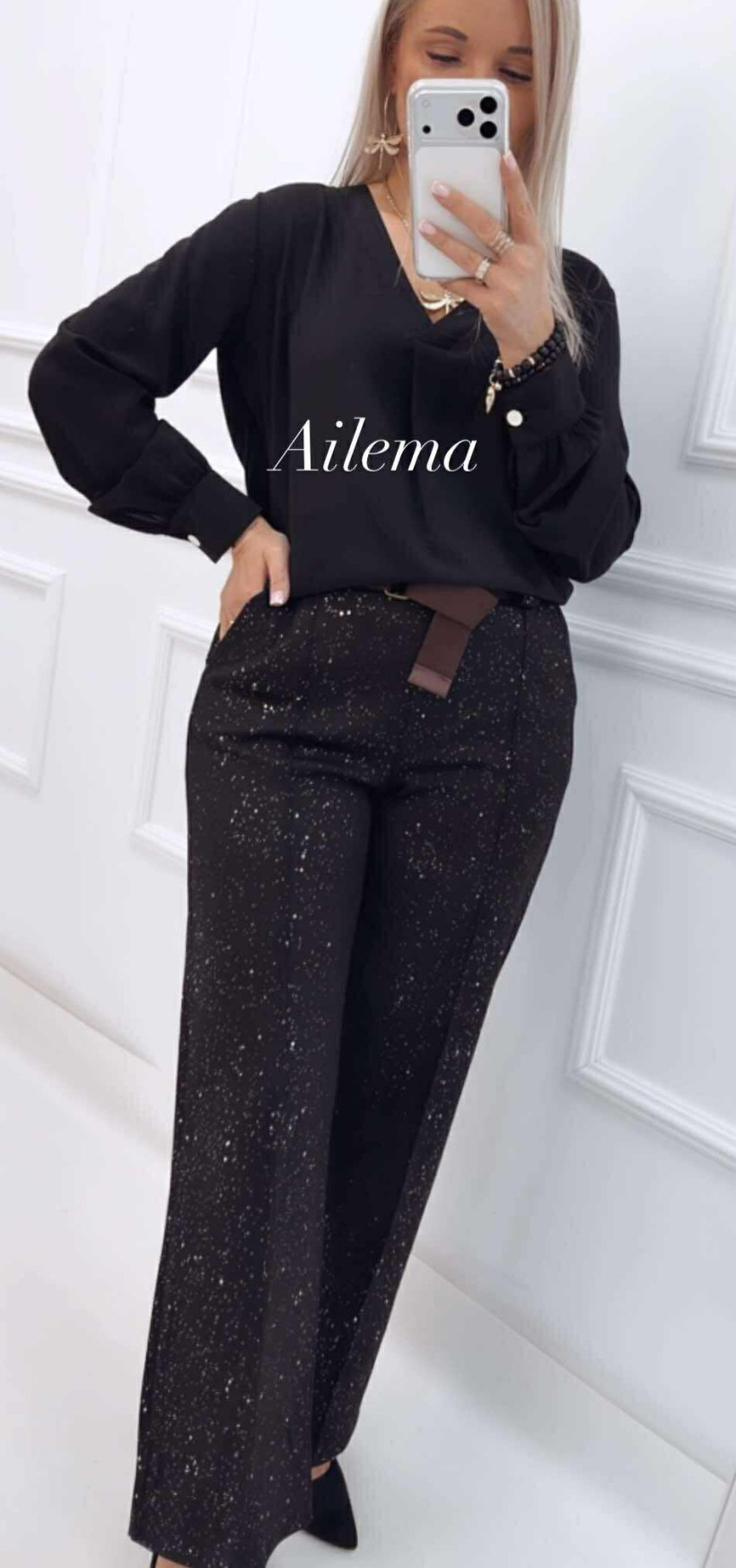 Spodnie szeroka nogawka z przeszyciem kk1466 z błyszczącymi drobinkami i paskiem