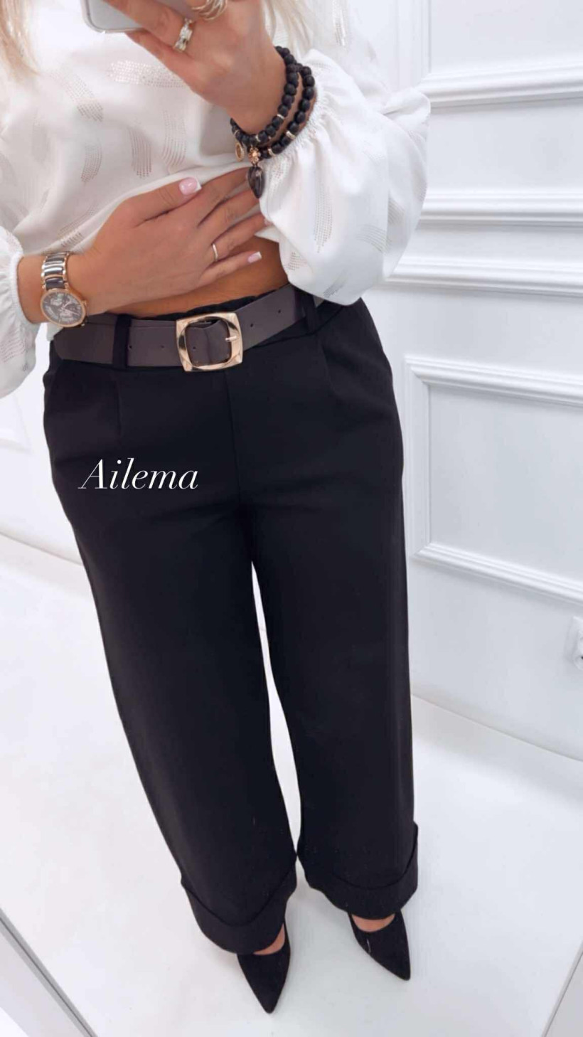 Spodnie szeroka nogawka kk1467 z brązowym paskiem