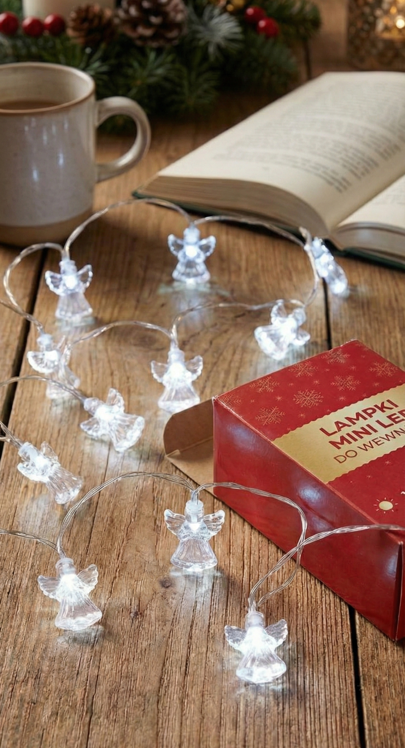 Girlanda 10LED mini z dekoracją - aniołki,  srebrny przewód, na baterie 3xAA (załączone)