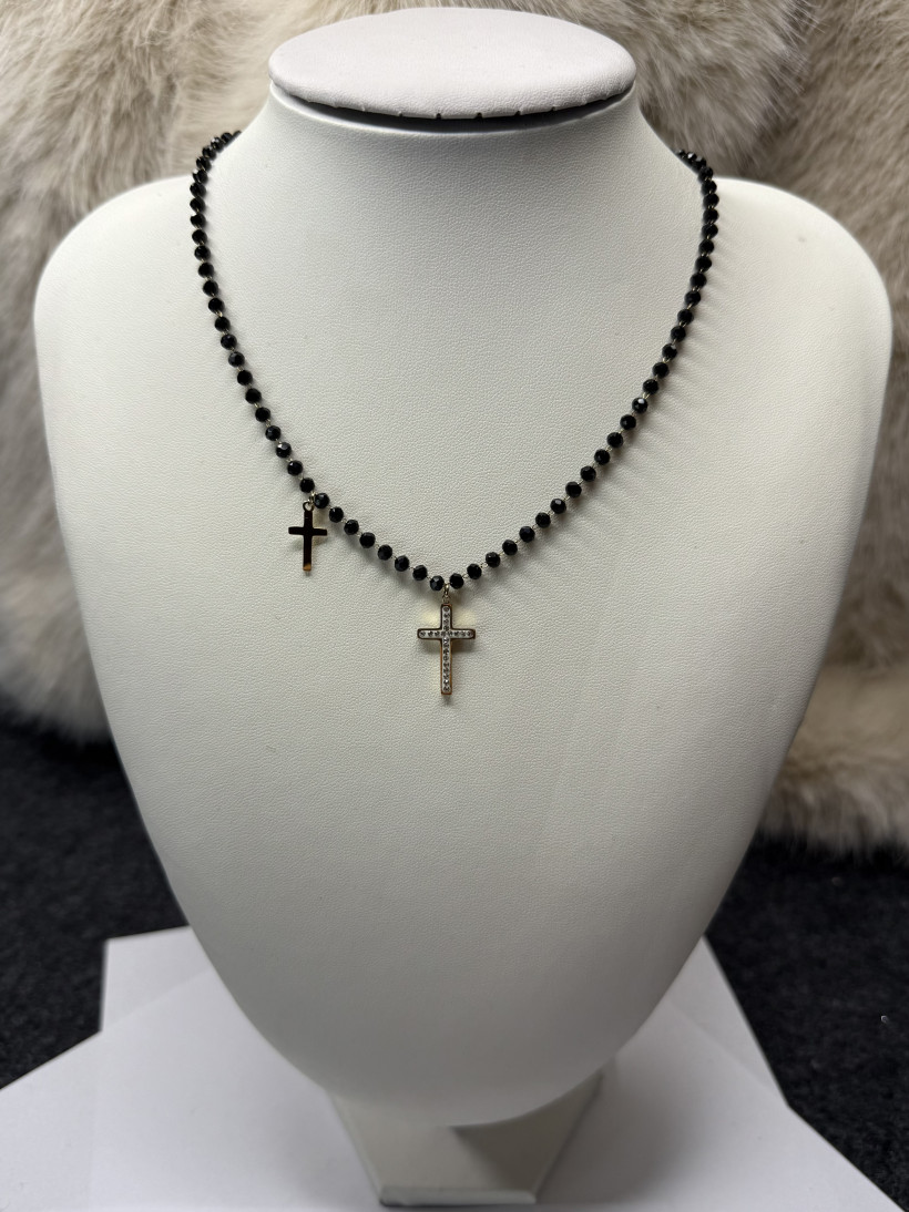 Naszyjnik perełki z dwoma krzyżami stal nierdzewna