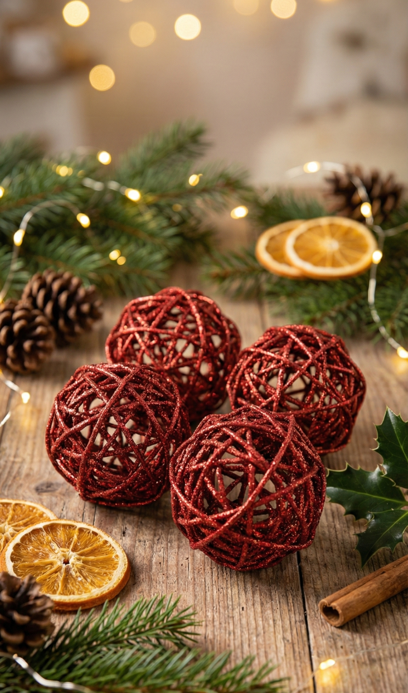 Kulki ratanowe 4 sztuki czerwony brokat średnica 7cm