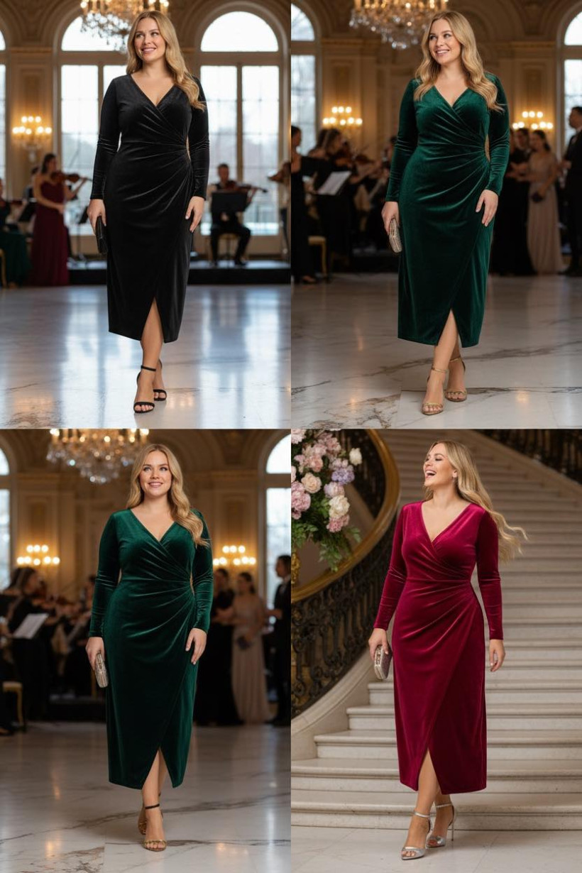 Welurowa Sukienka Kopertowa z Marszczeniem — Elegancka Midi Plus Size