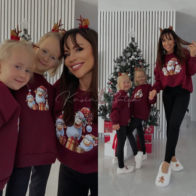 Bluza Bawełniana Lara Świąteczne Owieczki Bordowa