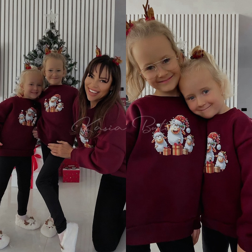 Bluza Bawełniana Lara Świąteczne Owieczki Bordowa KIDS