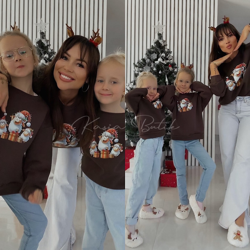 Bluza Bawełniana Lara Świąteczne Owieczki Czekoladowa