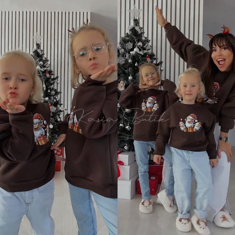 Bluza Bawełniana Lara Świąteczne Owieczki Czekoladowa KIDS