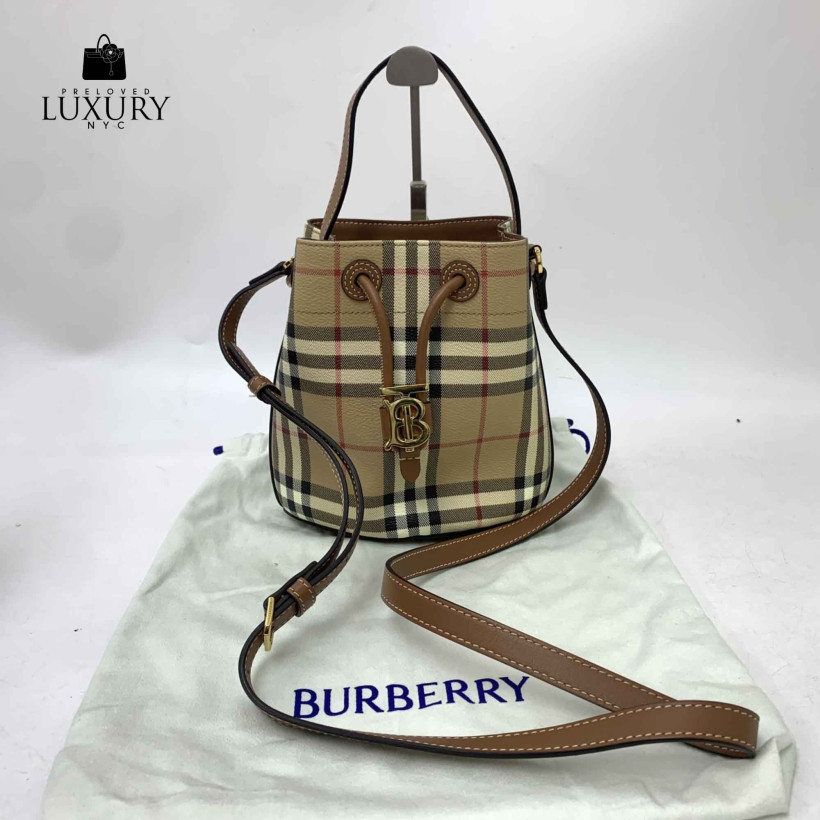 BURBERRY Beige/Brown Leather Bag Mini TB Bucket 2 Way