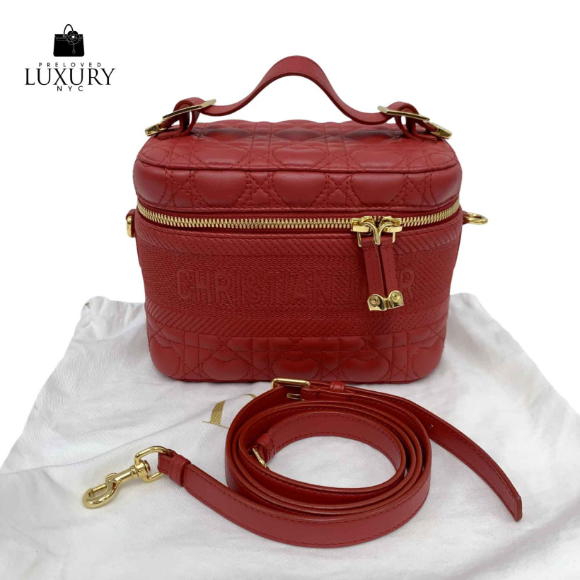 DIOR Red Cannage Heart Vanity Travel 2Way Shoulder Bag