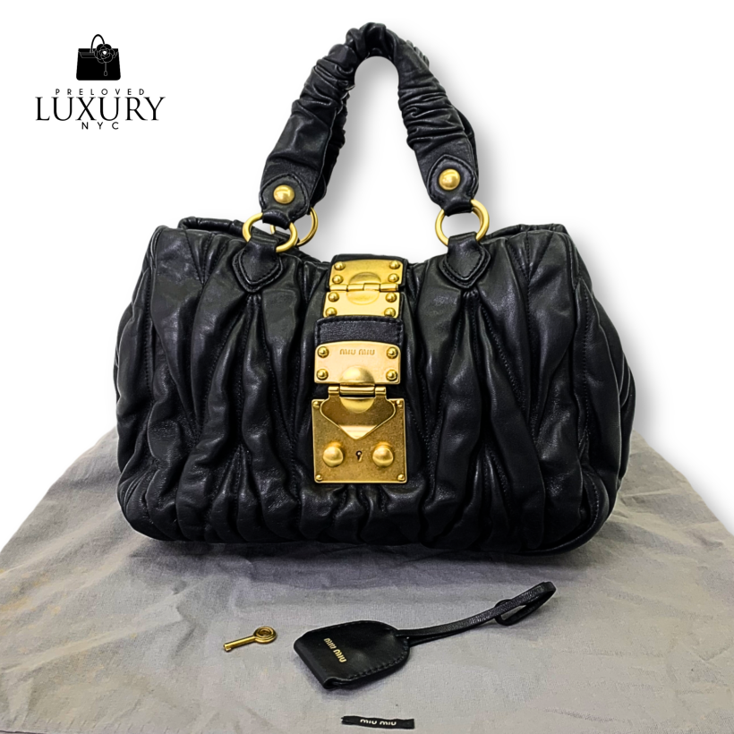 MIU MIU Bag Leather Gather Handbag Black (No Strap)