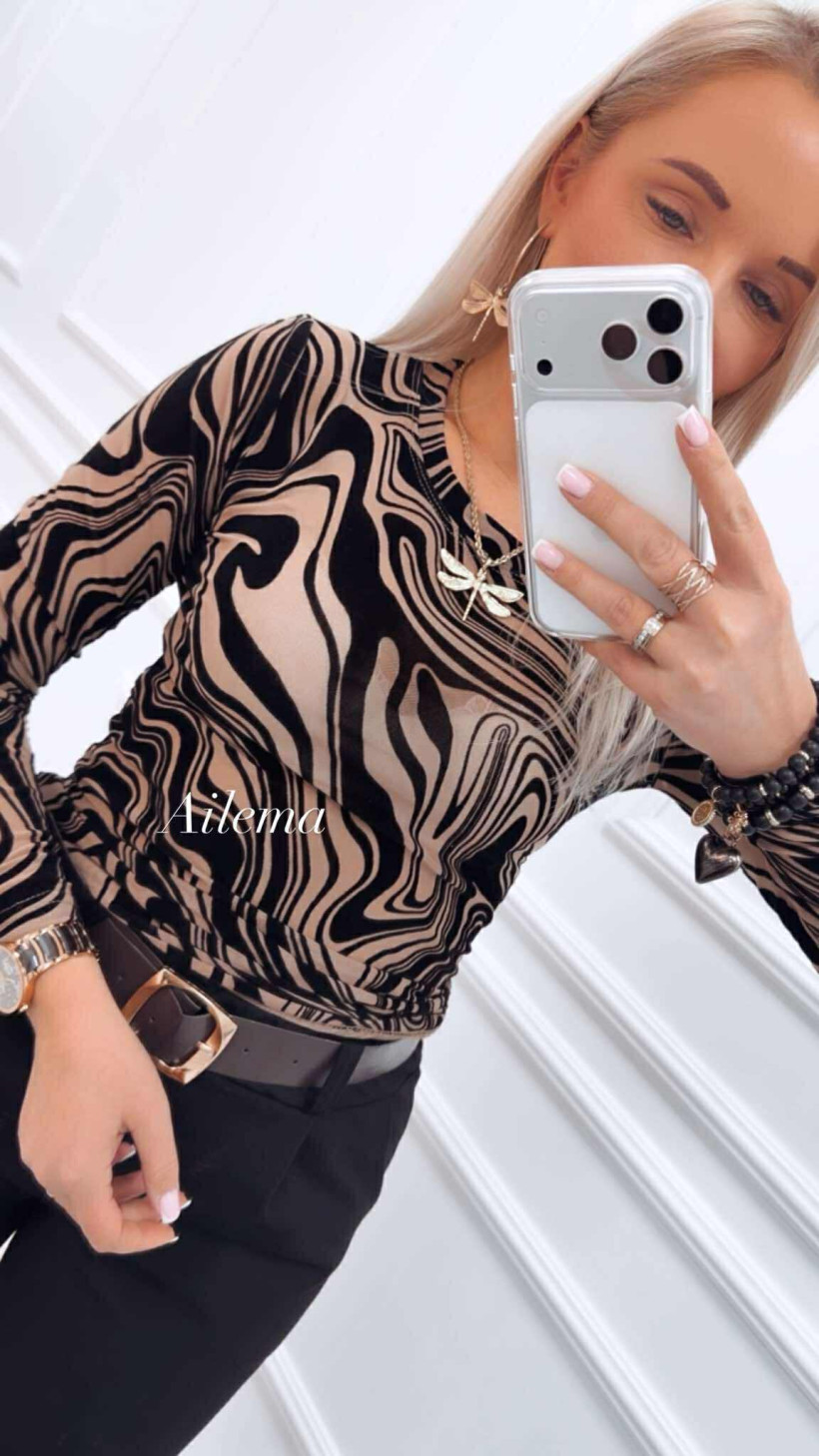 Bluzka siateczka w czarne wzory 518 okrągły dekolt, długi rękaw 