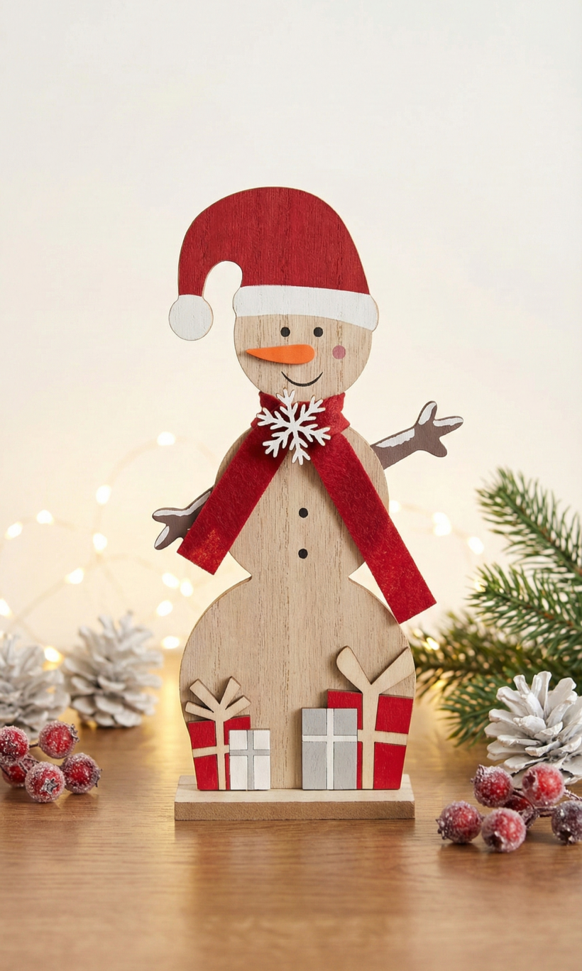 Drewniana dekoracja bałwanek z prezentami  25cm