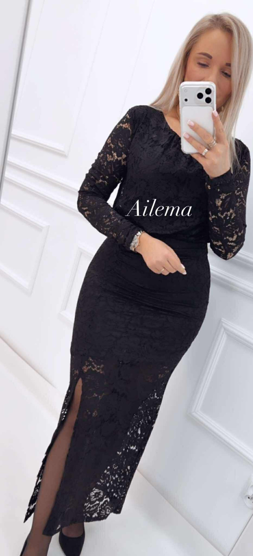 Sukienka koronkowa kk1503 długi rękaw, okrągły dekolt z gumą w pasie 