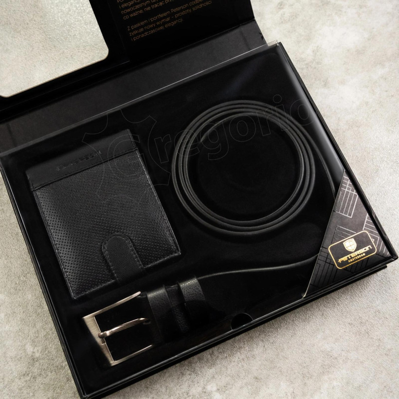 Zestaw prezentowy męski Peterson 0763 pasek i portfel zapinany  czarny