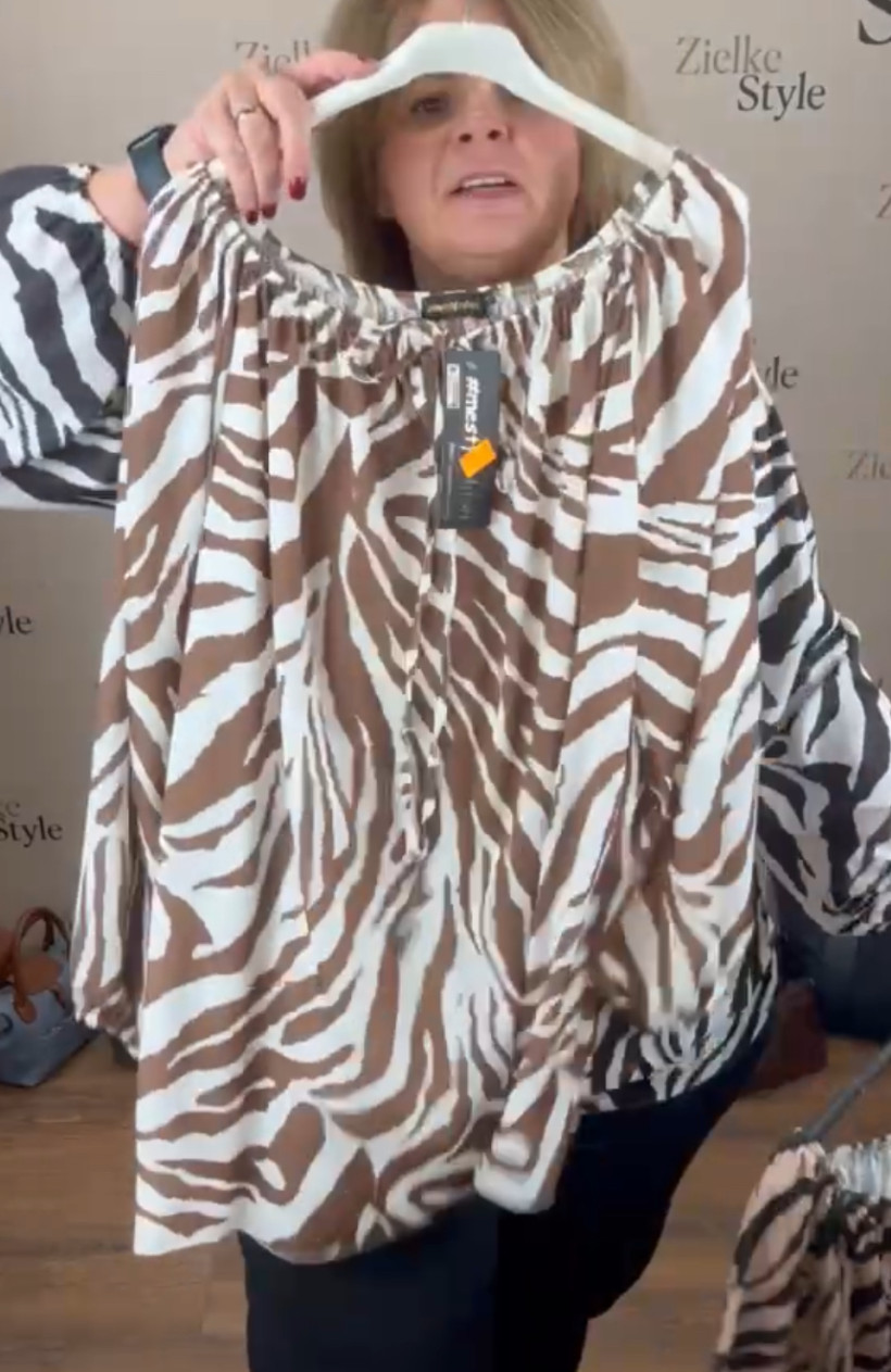 Bluzka hiszpanka wiązany dekold, zebra -mf - 1 - 13652 - biała z toffi