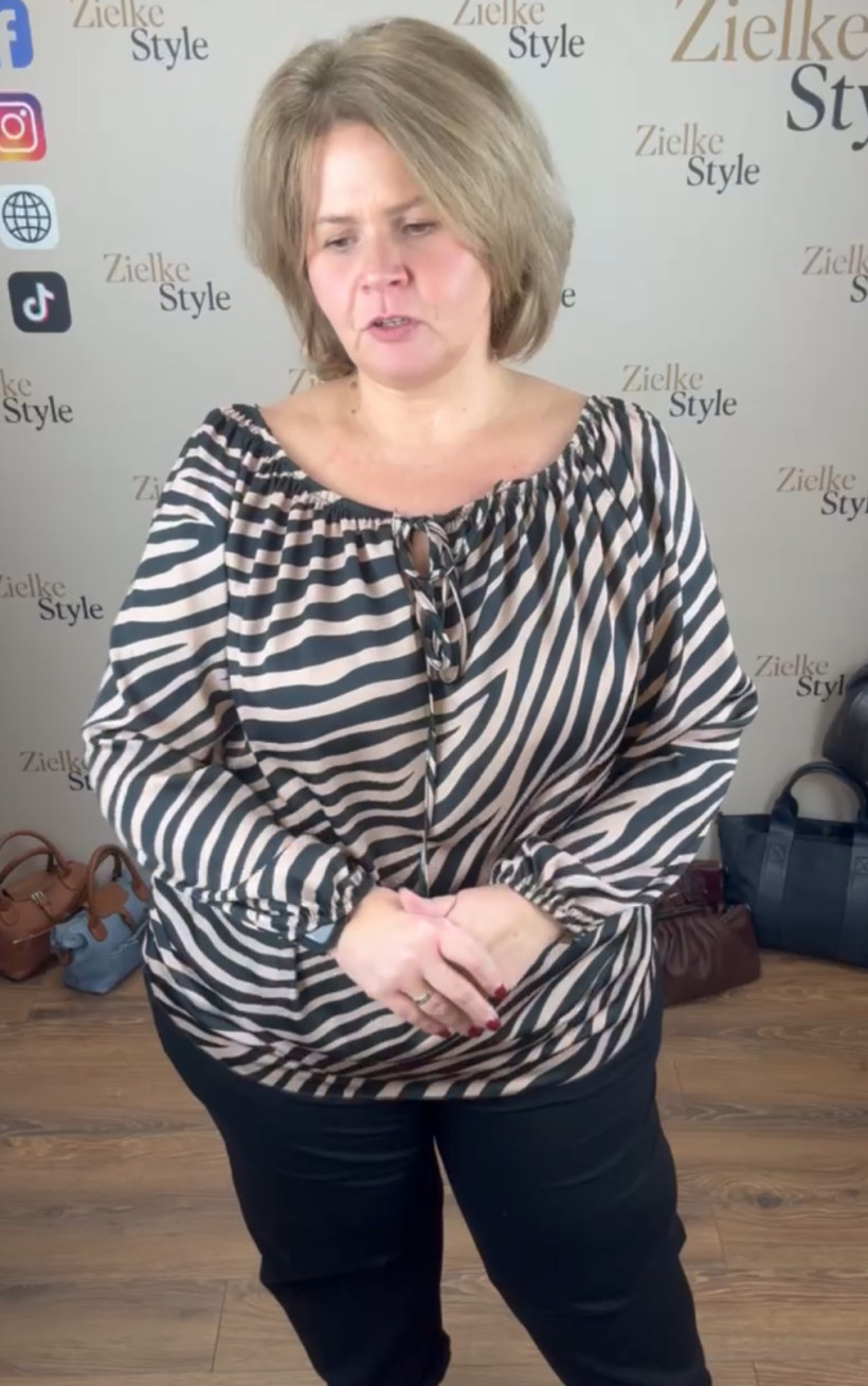 Bluzka hiszpanka wiązany dekold, drobna zebra -mf - 1 - 13655 - fango z czarnym