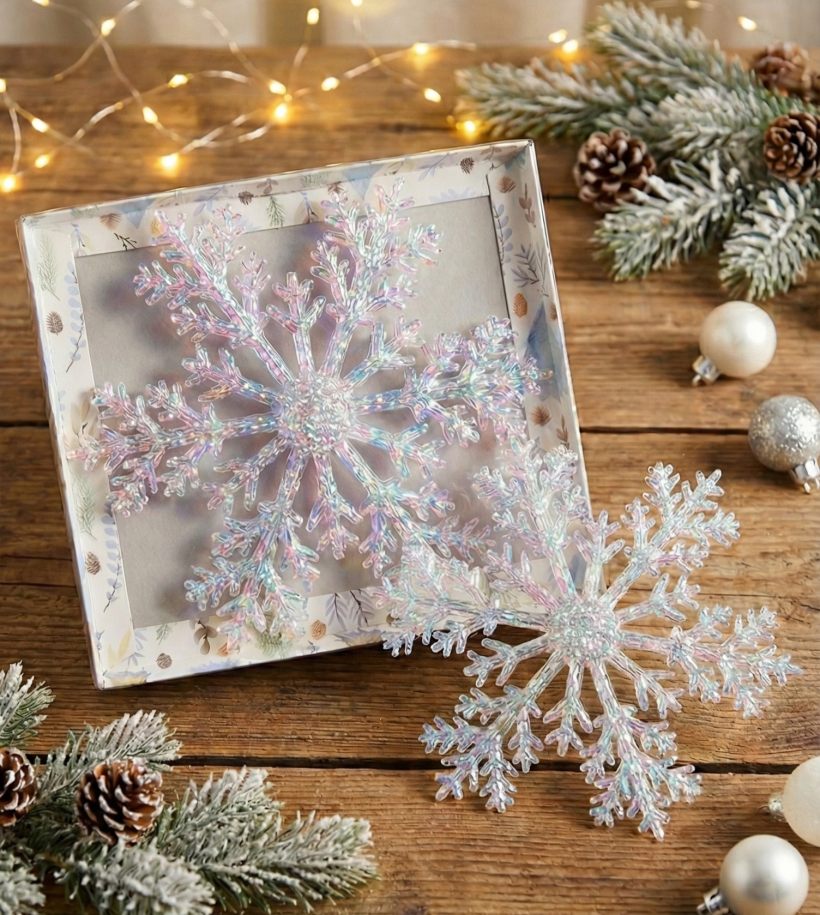 Duże Opalizujące Śnieżynki Akrylowe 17 cm – Zestaw 2 sztuk w Pudełku