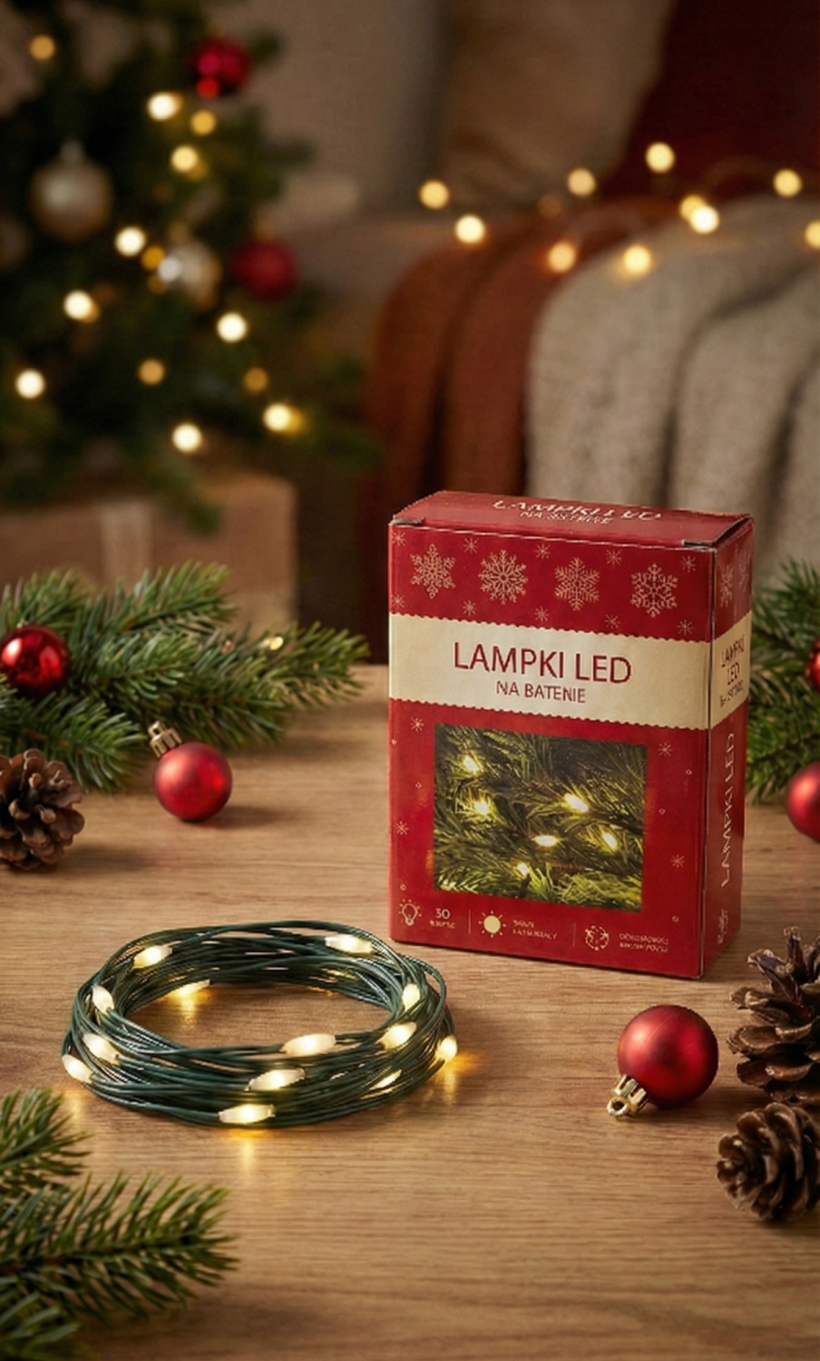 Świąteczne Lampki LED na Baterie – 30 Diod, Barwa Ciepła Biała, z Timerem Zewnętrzne