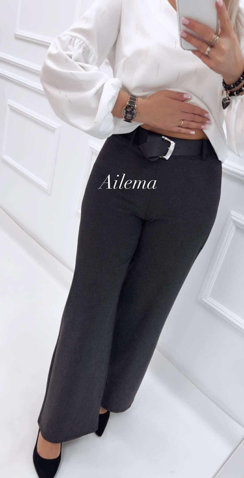 Spodnie błyszczące z szeroką nogawką kk1523 z czarnym paskiem