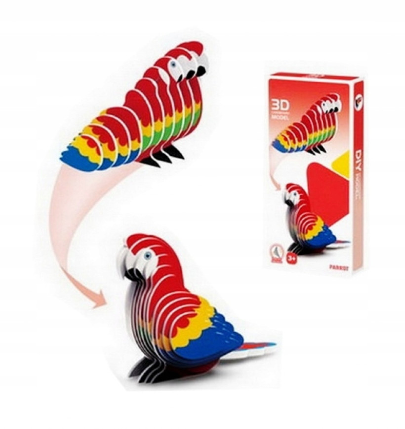 Układanka 3D do samodzielnego złożenia kolorowej papużki.